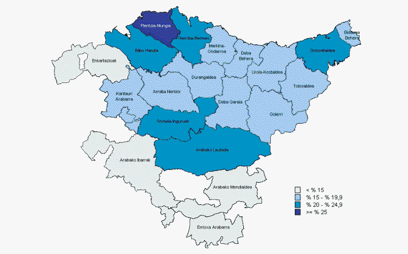 Unibertsitateko ikasketa-maila zuten 10 urteko eta gehiagoko biztanleak, eskualdearen arabera. Euskal AE. 2006. %