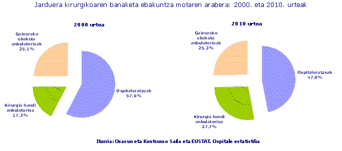 Jarduera kirurgikoaren banaketa ebakuntza motaren arabera: 2000. eta 2010. urteak
Iturria: Osasun eta Kontsumo Saila eta EUSTAT. Ospitale Estatistika.
