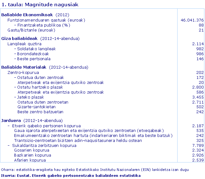1. taula: Magnitude nagusiak
Iturria: Eustat. Etxerik gabeko pertsonentzako baliabideen estatistika