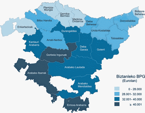 1. grafikoa. Eskualde bakoitzeko biztanleko BPGaren banaketa. Euro. 2012
Iturria: Eustat. Udal BPG
