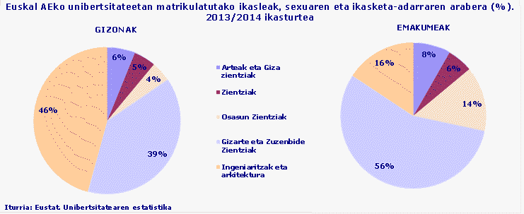 Euskal AEko unibertsitateetan matrikulatutako ikasleak, sexuaren eta ikasketa-adarraren arabera (%). 2013/2014 ikasturtea
Iturria: Eustat. Unibertsitatearen estatistika
