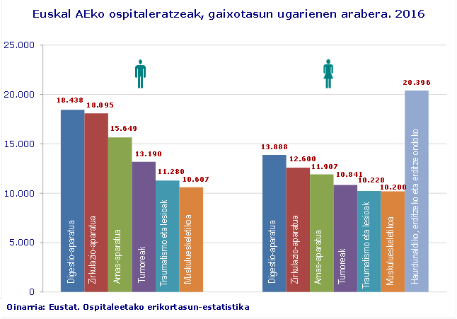 Euskal AEko ospitaleratzeak, gaixotasun ugarienen arabera. 2016
Oinarria: Eustat. Ospitaleetako erikortasun-estatistika
